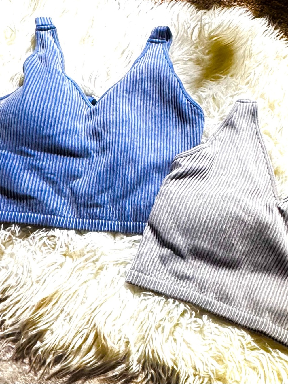Striped Ribbed Bralette Duo - Blue & Light Gray